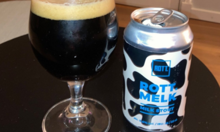 Rott Melk Stout Rott Melk Stout blikje en glas